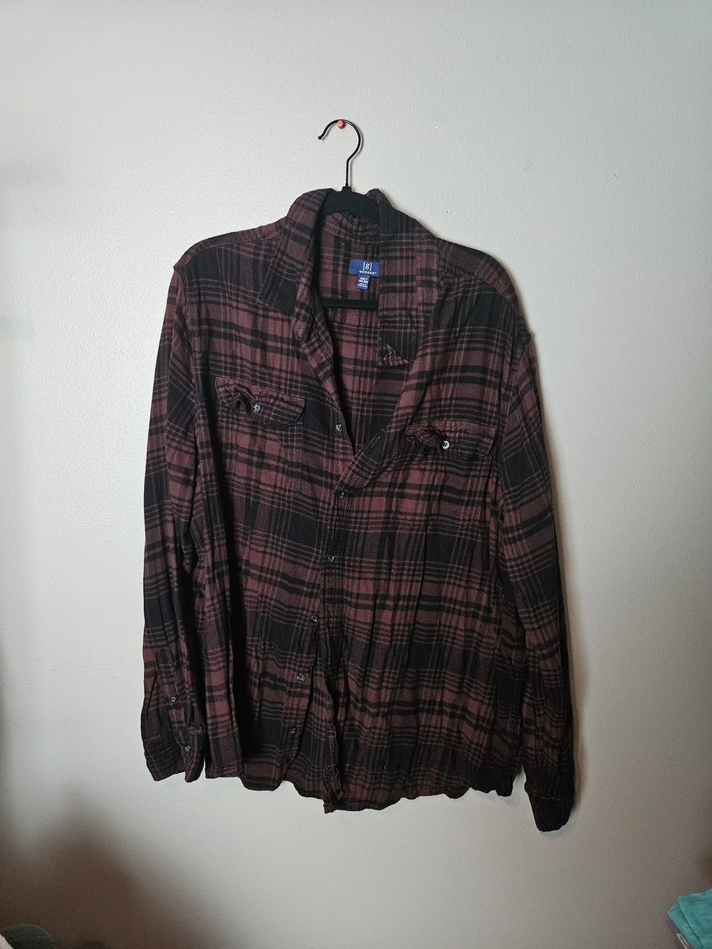 George Men's Burgundy and Black Plaid Shirt Jacket